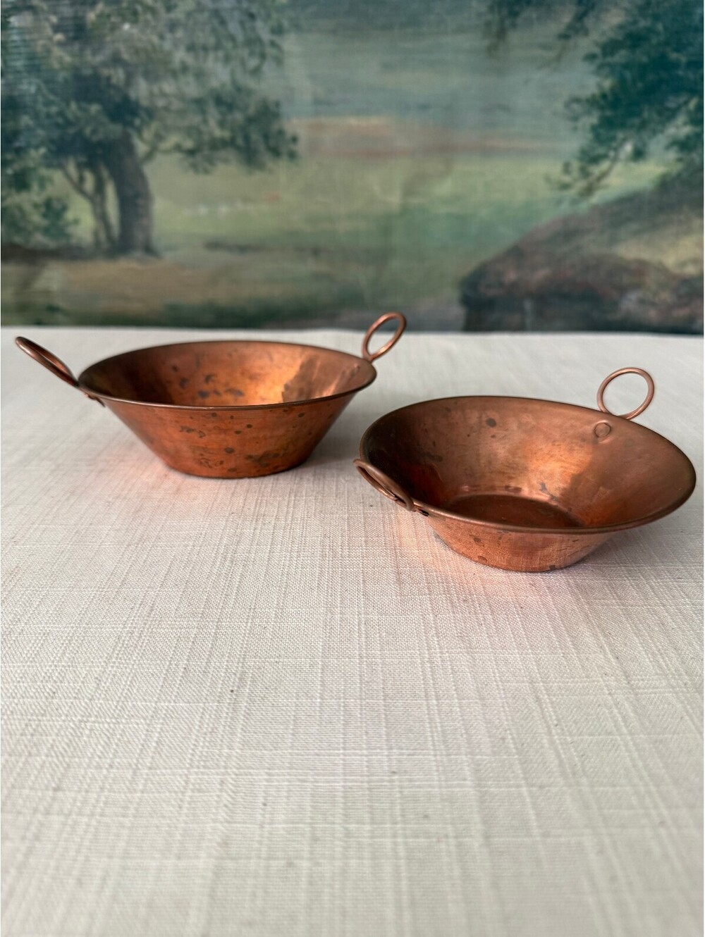 Pair of Small Copper Bowls with Handles - Picture 2 of 3